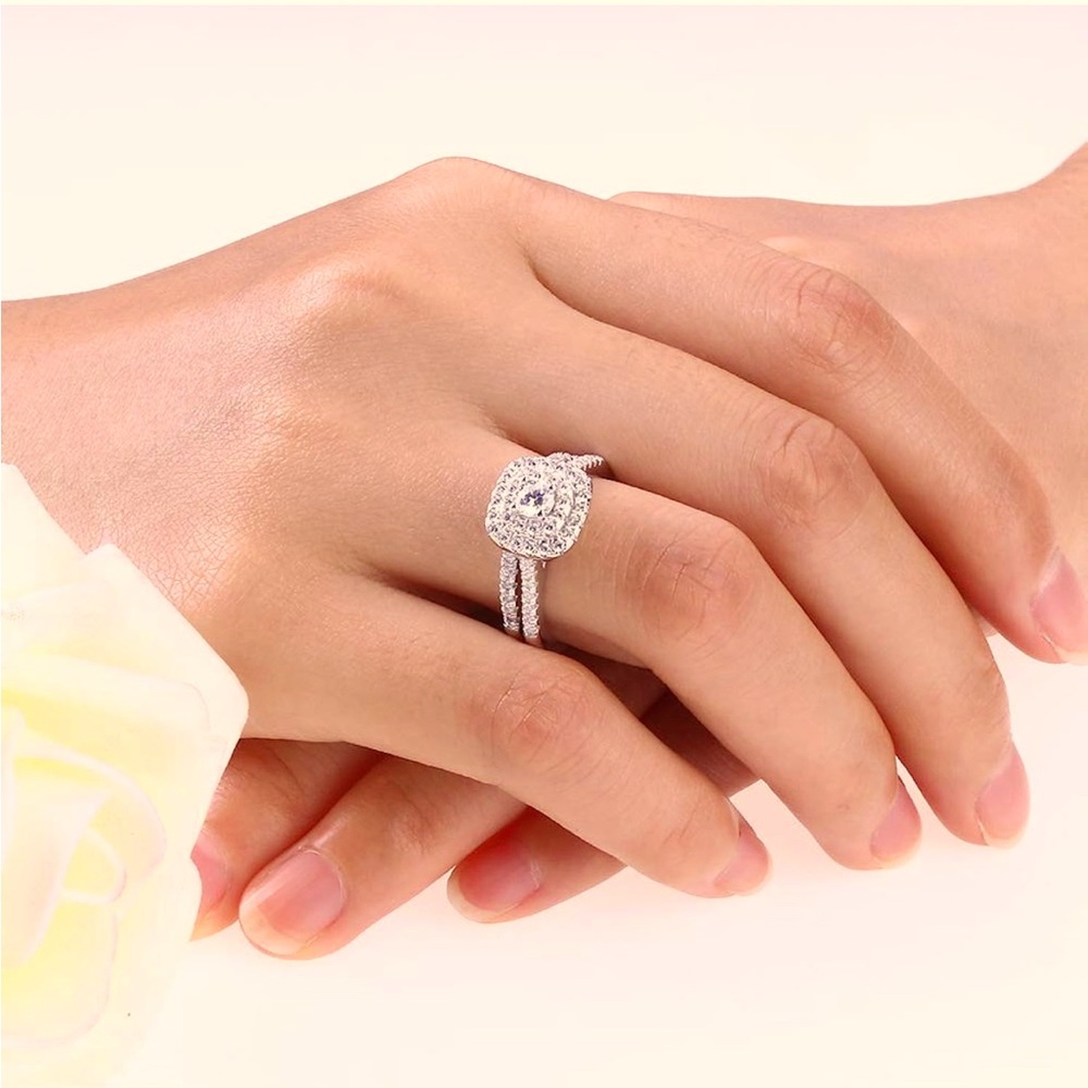 3UMeter 925 Sterling Silver Bridal Sets CZ Wedding Rings Shining Engagement Ring
